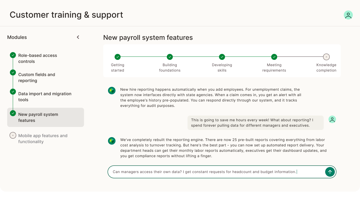 Customer training portal showing product tutorials and support documentation