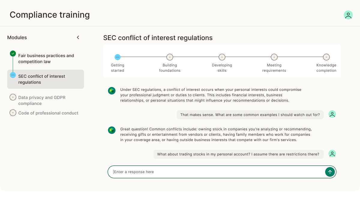 Compliance training interface showing policy conversations and understanding measurement tools