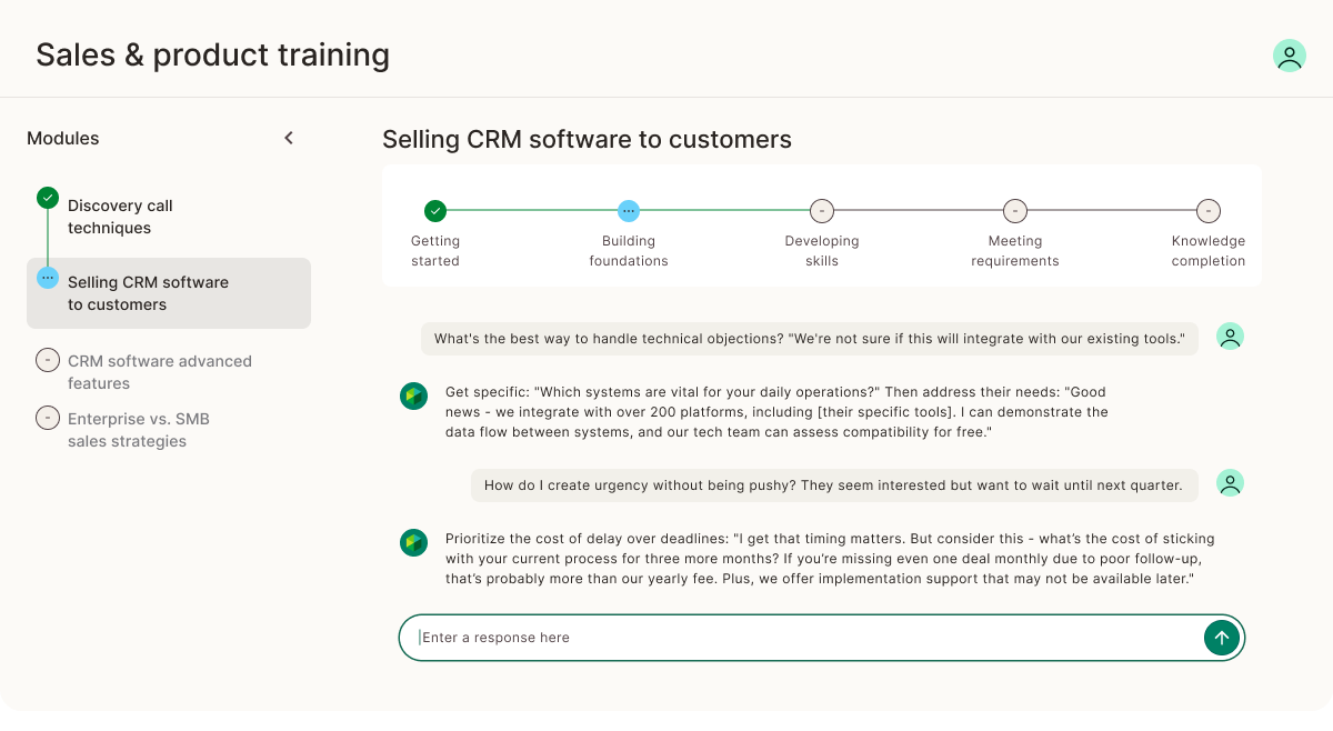Sales training dashboard with product knowledge tests and competitive positioning scenarios