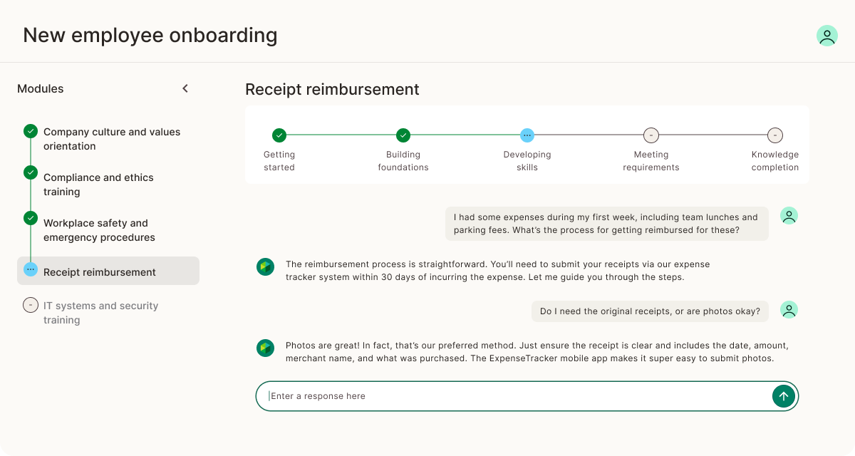 Employee onboarding dashboard showing personalized learning paths and progress tracking for new hires